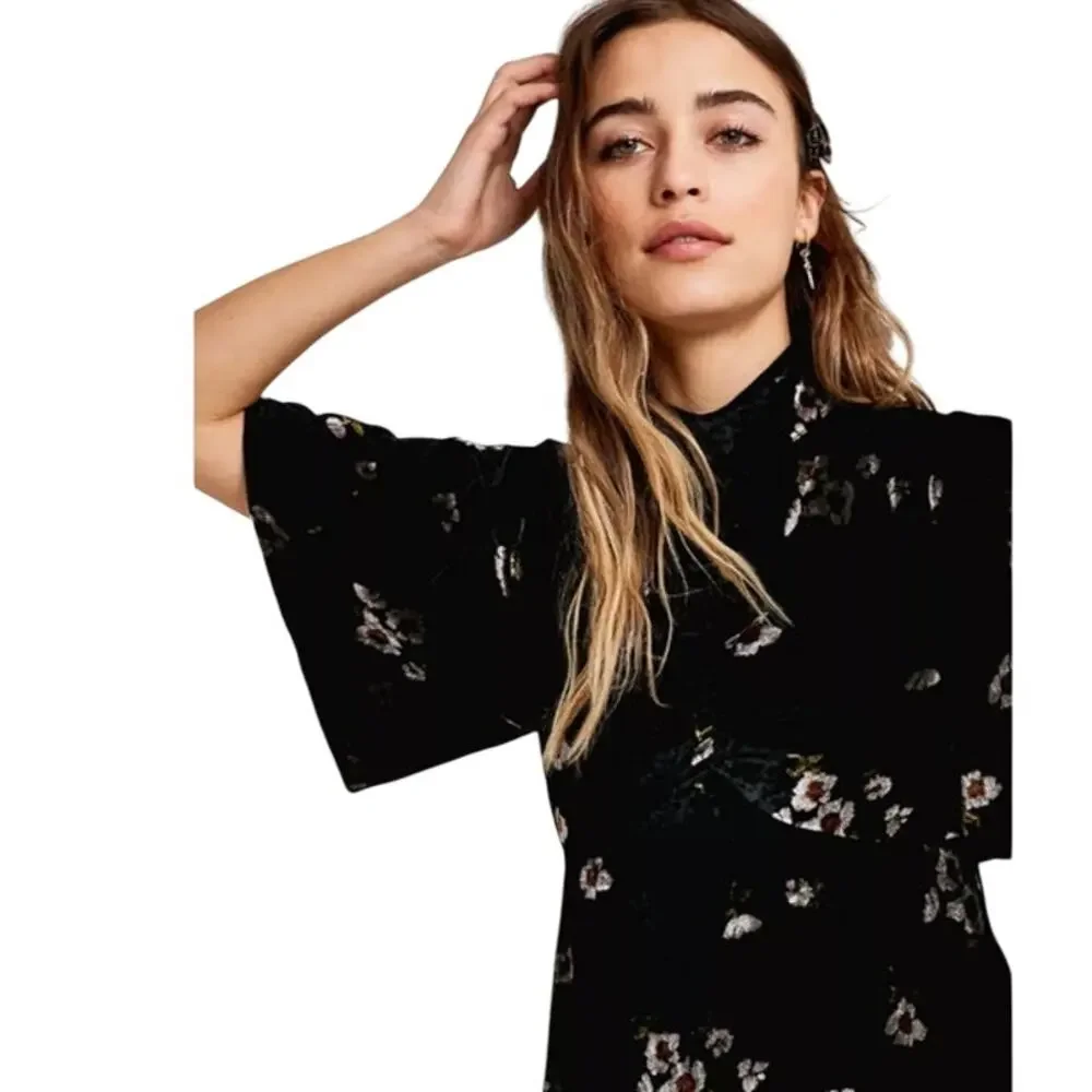 Free People Be My Baby Velvet A-Line Mini‎ Dress Black Floral Size 4 - Picture 10 of 13